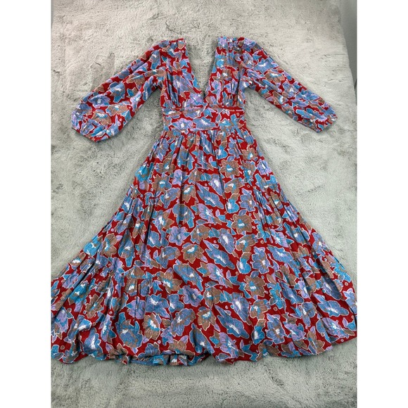 NWT Caroline Constas Dress XS Frenchie Print Floral Long Sleeve Maxi Boho Tiered - Picture 7 of 13